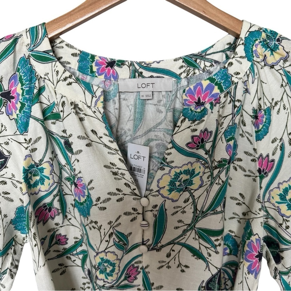 LOFT NWT Floral Linen Blend V-Neck Puff Sleeve Midi Dress Cream Short Sleeve XS - Picture 3 of 6